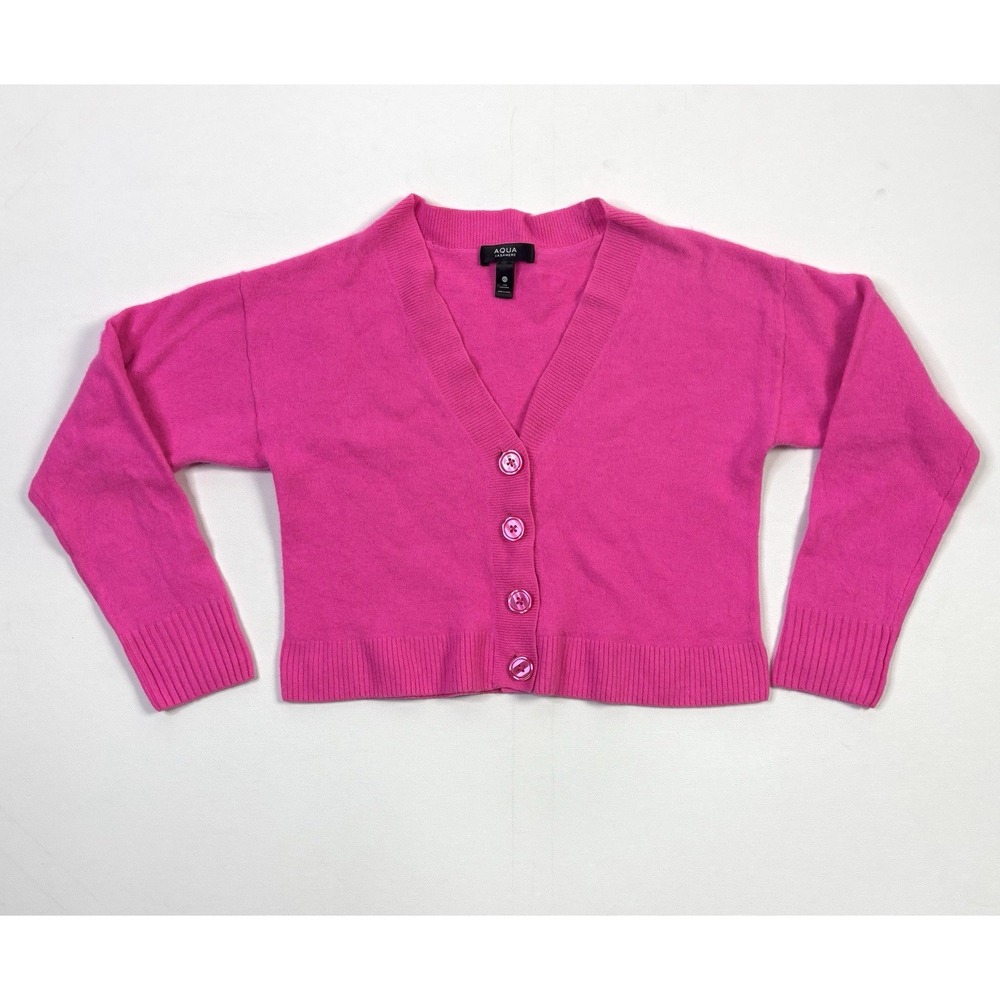 AQUA Cashmere Sweater Women's XS Hot Pink Cropped Cardigan 100% Cashmere